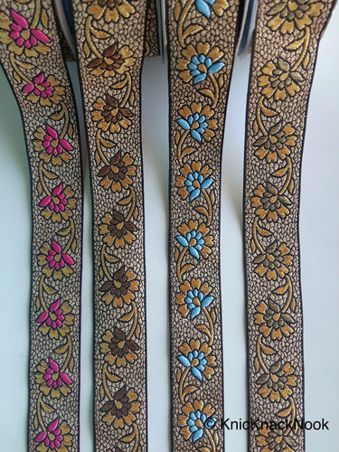 Black Fabric Lace With Floral Design, Gold And Pink /Blue /Gold/ Bronze Embroidered Trim, Approx. 30mm wide